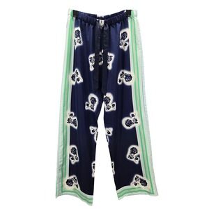 Victorias Secret Navy Blue Floral Satin Wide Leg Pajama Pants Medium Rose Print